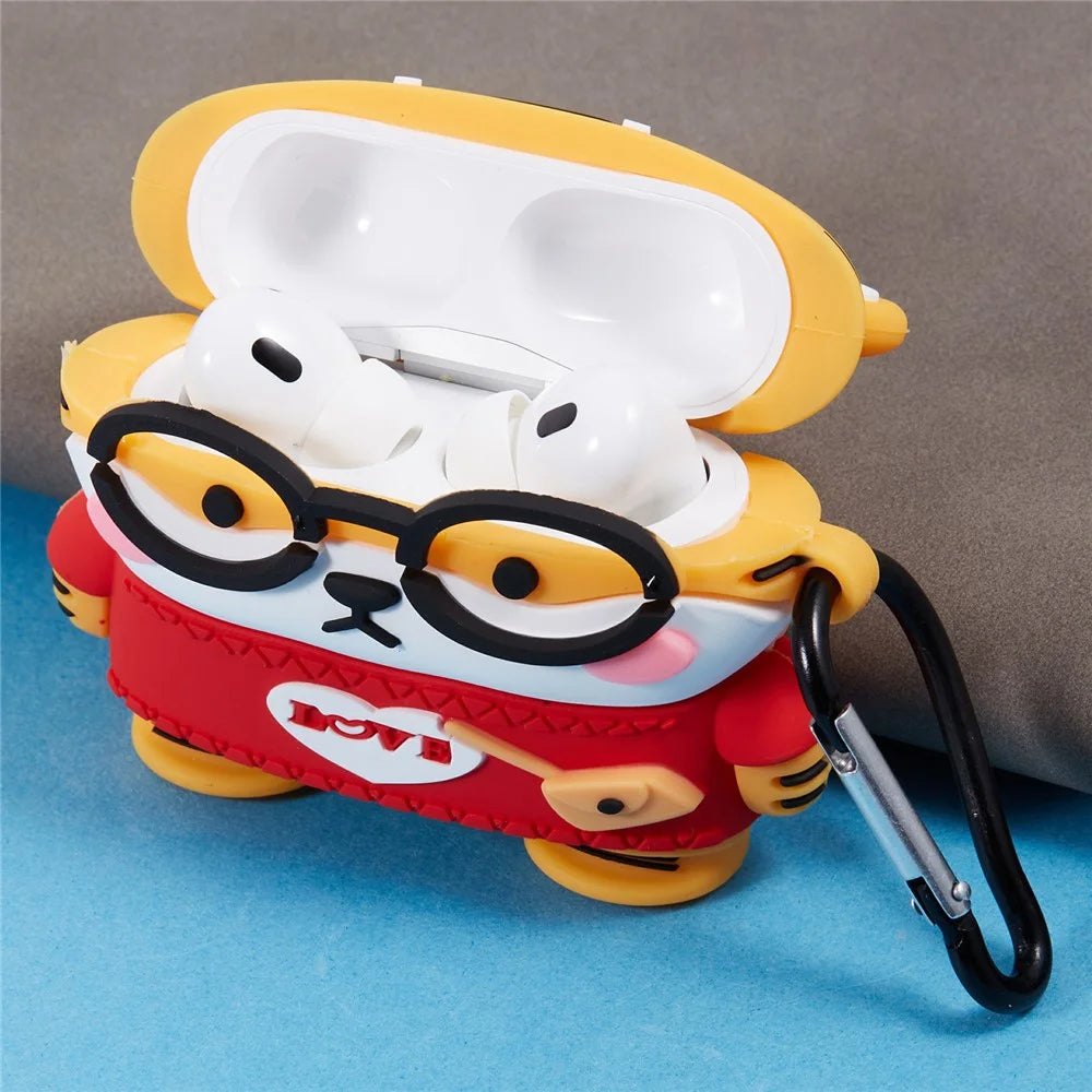 For Apple AirPods Pro Bluetooth-compatible Earphones Silicone Cover Cartoon Tiger Protective Case with Carabiner - 5
