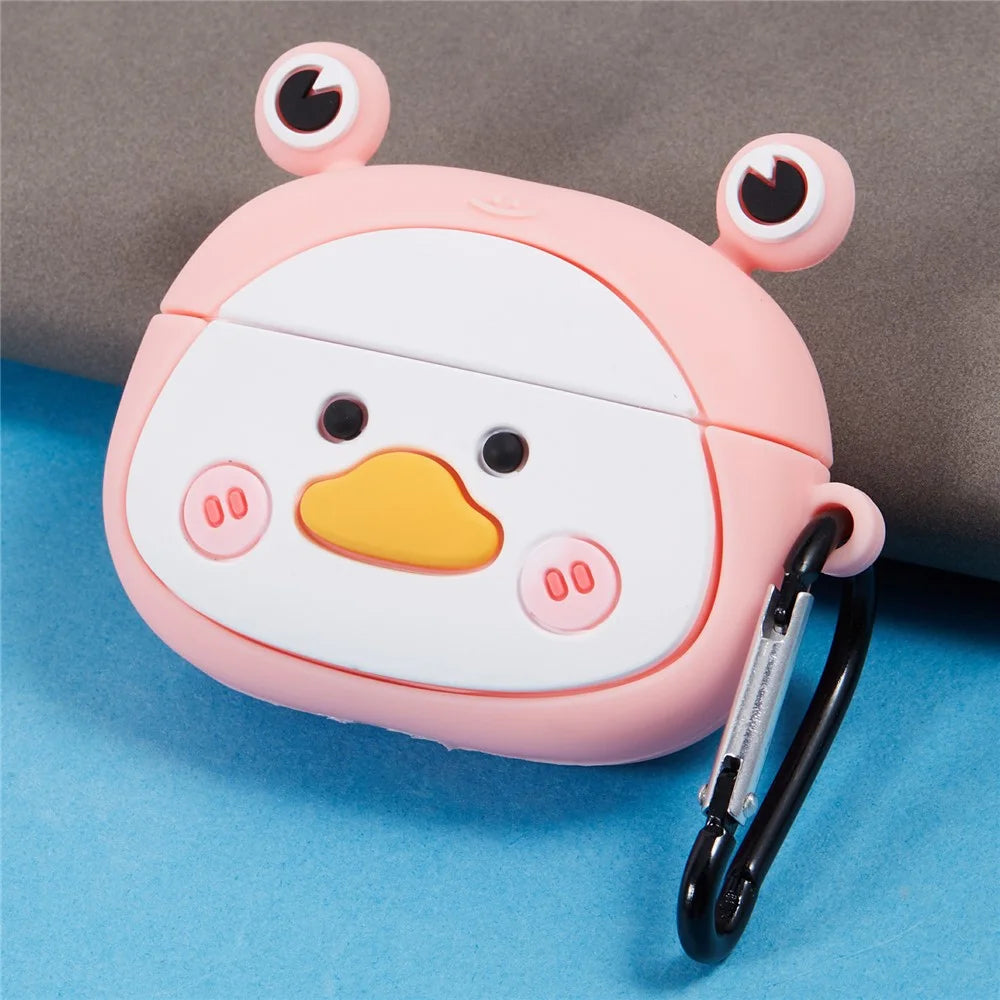 For Apple AirPods Pro Bluetooth-compatible Earphones Silicone Cover Big Eyed Frog Protective Case with Carabiner - Pink - 3