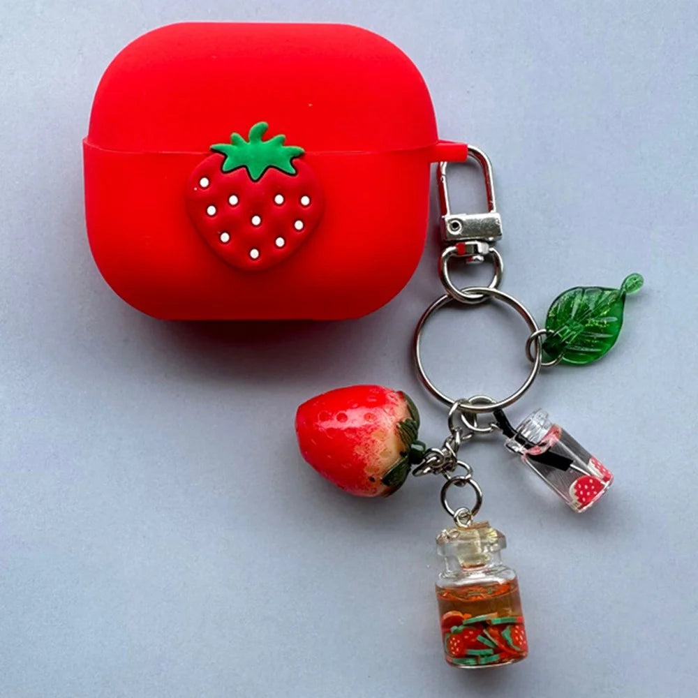 For Samsung Galaxy Buds3 Pro / Buds3 Bluetooth-compatible Earphones Cartoon Fruit Silicone Case with Pendant - Strawberry - 1