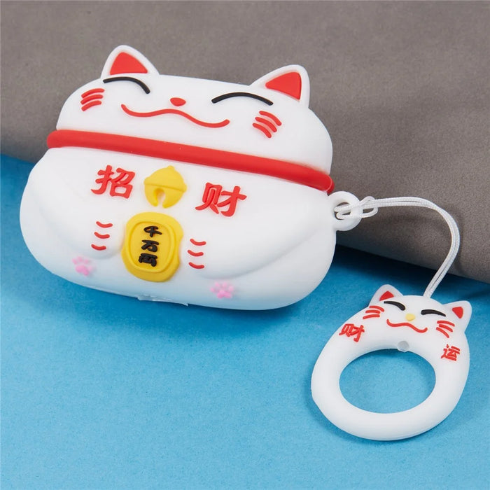 Silicone Cover for Apple AirPods Pro Bluetooth-compatible Earphones Lucky Cat Protective Case with Loop Strap - White - 3