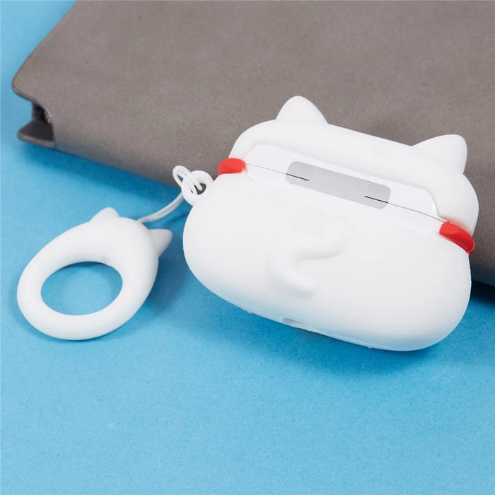 Silicone Cover for Apple AirPods Pro Bluetooth-compatible Earphones Lucky Cat Protective Case with Loop Strap - White - 4