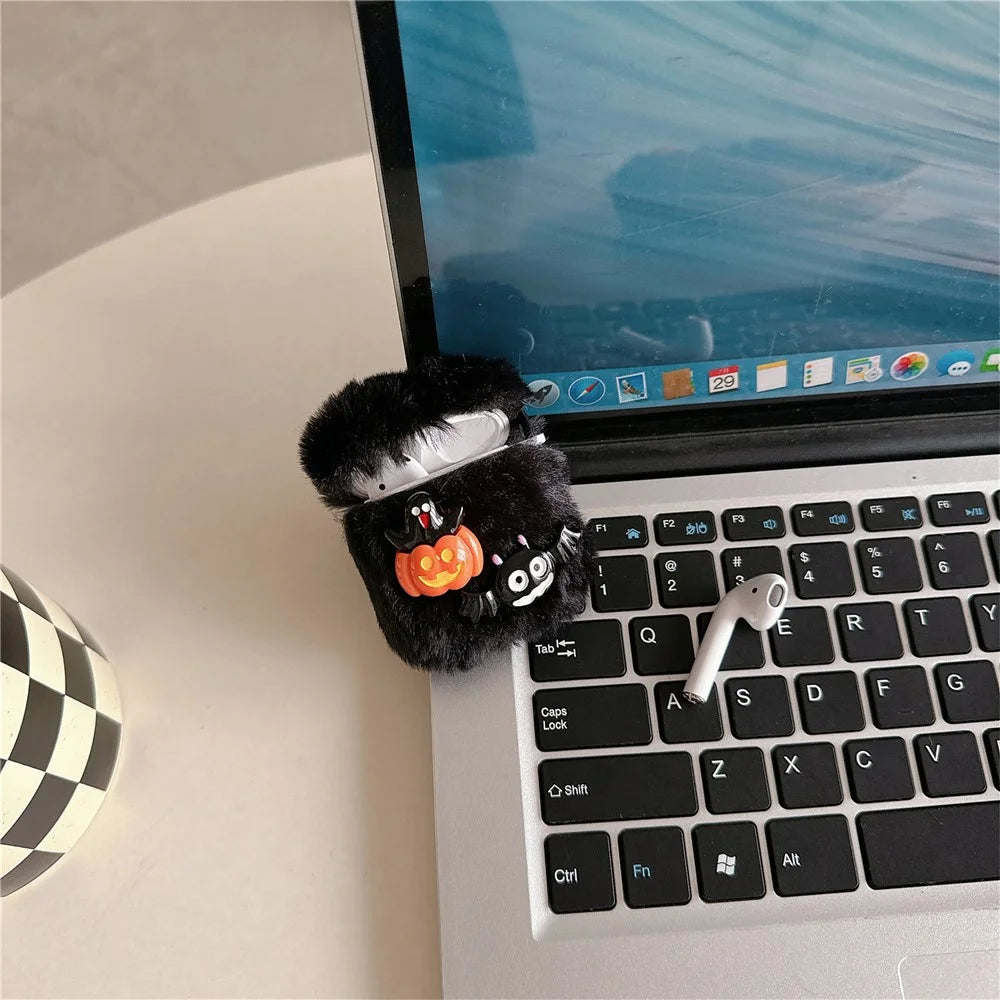 For Apple AirPods with Wireless Charging Case (2019) / AirPods with Charging Case (2019) / (2016) Case Halloween Pumpkin Bat Fluffy TPU Cover - 3