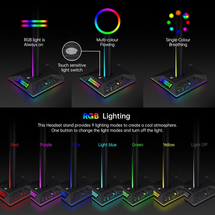 RGB Headphone Desktop Stand Gaming Headset Holder with 3.5mm AUX 2 USB Ports for Bose JBL AKG - 5