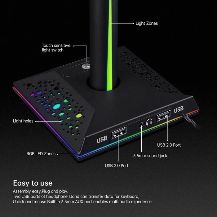 RGB Headphone Desktop Stand Gaming Headset Holder with 3.5mm AUX 2 USB Ports for Bose JBL AKG - 6