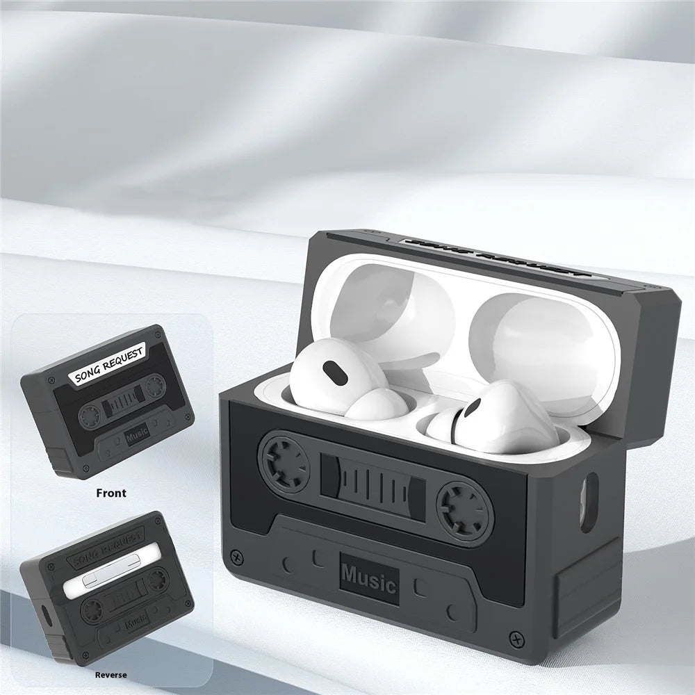 For Apple AirPods 3 Case Cassette Tape Design Portable Liquid Silicone Earbuds Cover with Strap - Black - 2