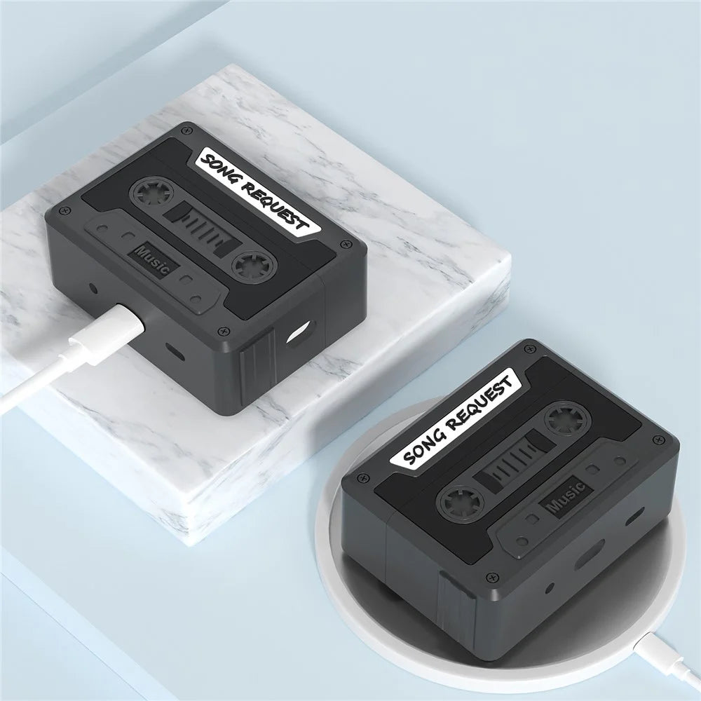 For Apple AirPods 3 Case Cassette Tape Design Portable Liquid Silicone Earbuds Cover with Strap - Black - 3
