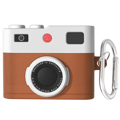 For Apple AirPods 3 Case Retro Camera Design Liquid Silicone Earbuds Carrying Cover with Carabiner - Brown - 1
