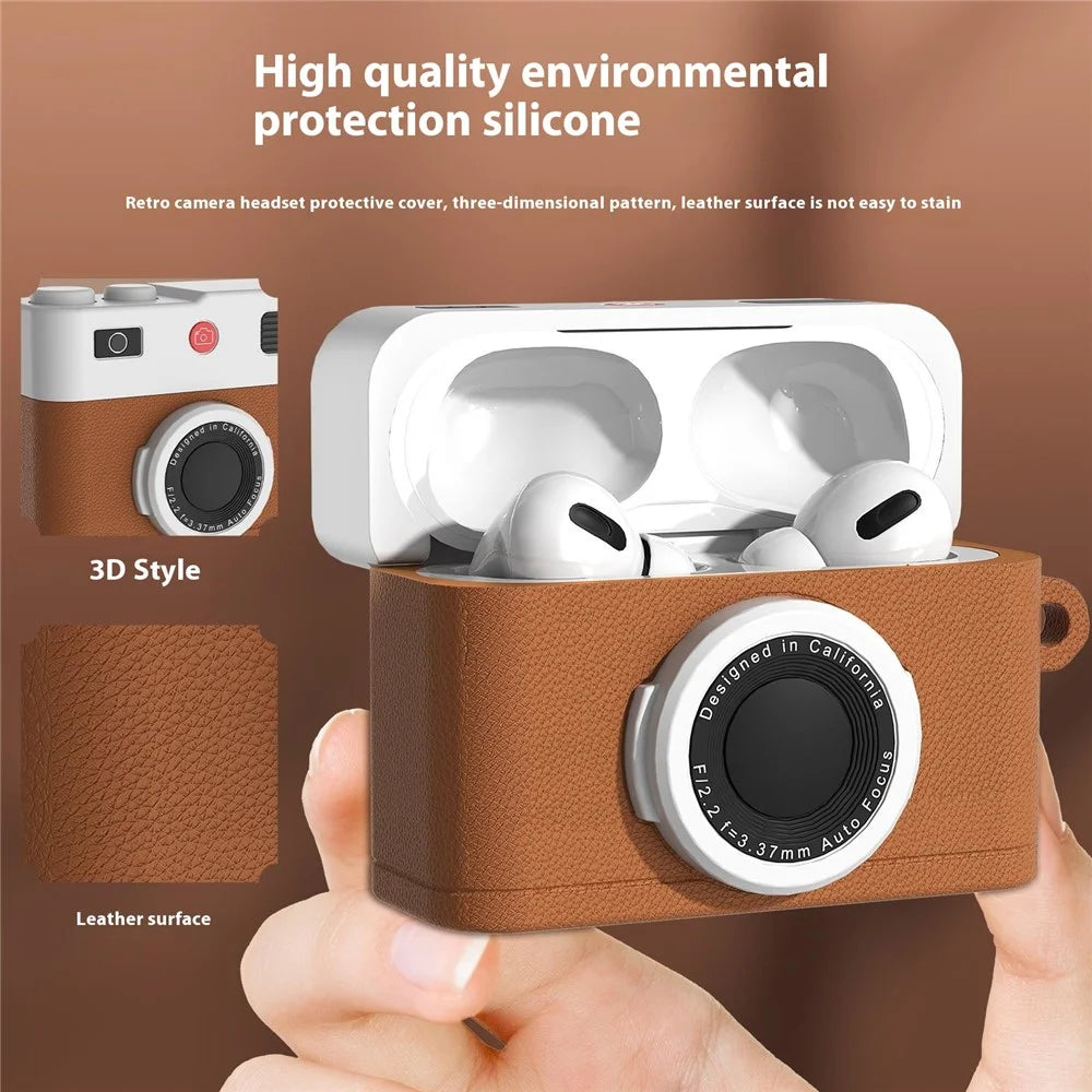 For Apple AirPods 3 Case Retro Camera Design Liquid Silicone Earbuds Carrying Cover with Carabiner - Brown - 4