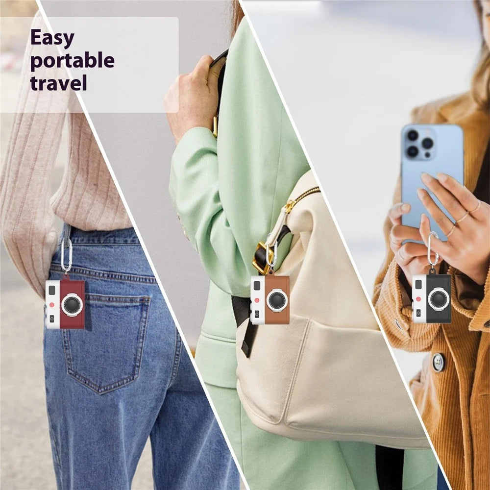 For Apple AirPods 3 Case Retro Camera Design Liquid Silicone Earbuds Carrying Cover with Carabiner - Brown - 6