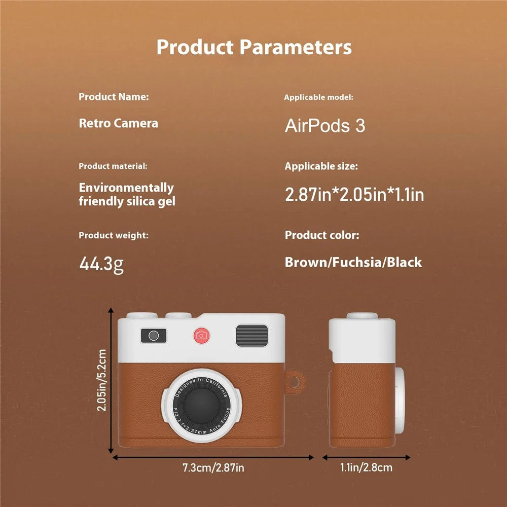 For Apple AirPods 3 Case Retro Camera Design Liquid Silicone Earbuds Carrying Cover with Carabiner - Brown - 7
