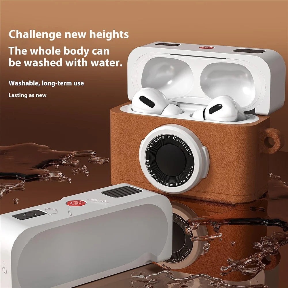 For Apple AirPods Pro 2 / AirPods Pro Case Retro Camera Design Liquid Silicone Earbuds Carrying Cover with Carabiner - Brown - 2