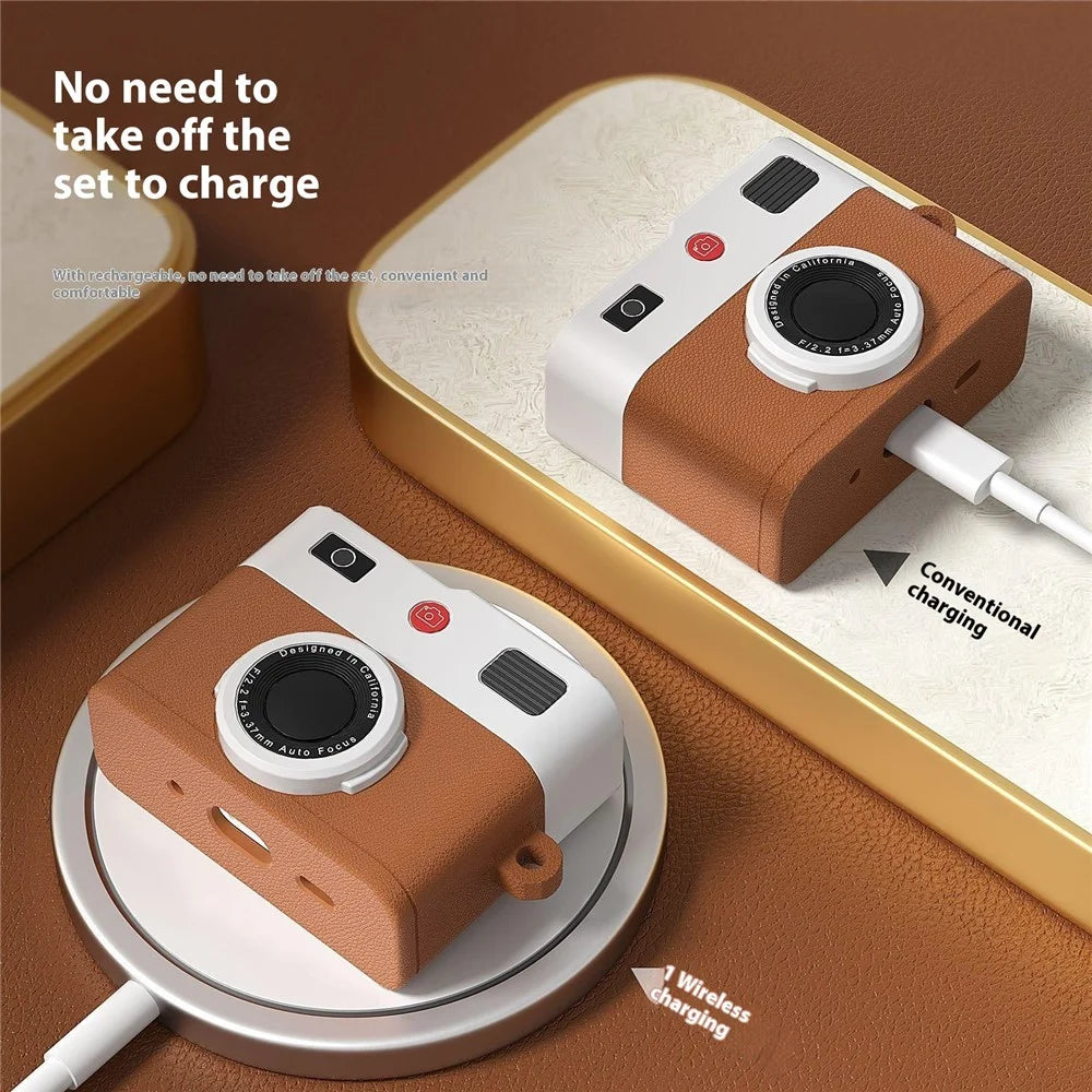For Apple AirPods Pro 2 / AirPods Pro Case Retro Camera Design Liquid Silicone Earbuds Carrying Cover with Carabiner - Brown - 3
