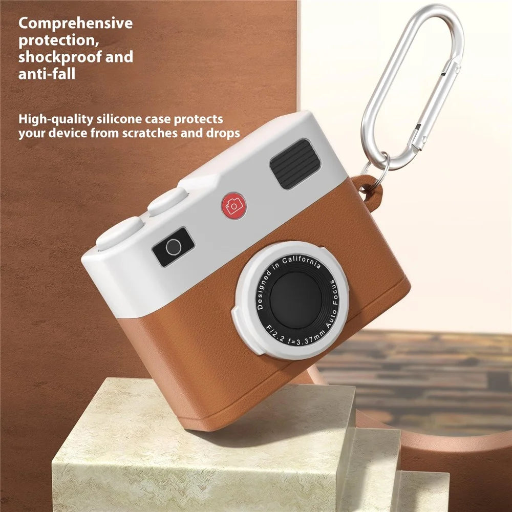 For Apple AirPods Pro 2 / AirPods Pro Case Retro Camera Design Liquid Silicone Earbuds Carrying Cover with Carabiner - Brown - 5