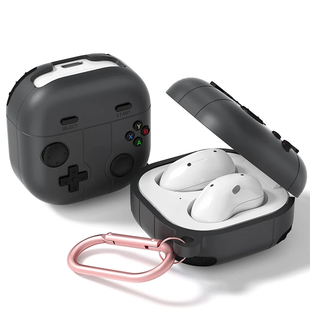 For Samsung Galaxy Buds Live / Buds Pro / Buds2 / Buds2 Pro / Buds FE Case Game Console Shape Earphones Silicone Shell with Carabiner - Dark Grey - 1