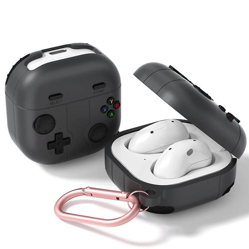 For Samsung Galaxy Buds Live / Buds Pro / Buds2 / Buds2 Pro / Buds FE Case Game Console Shape Earphones Silicone Shell with Carabiner - Dark Grey - 1