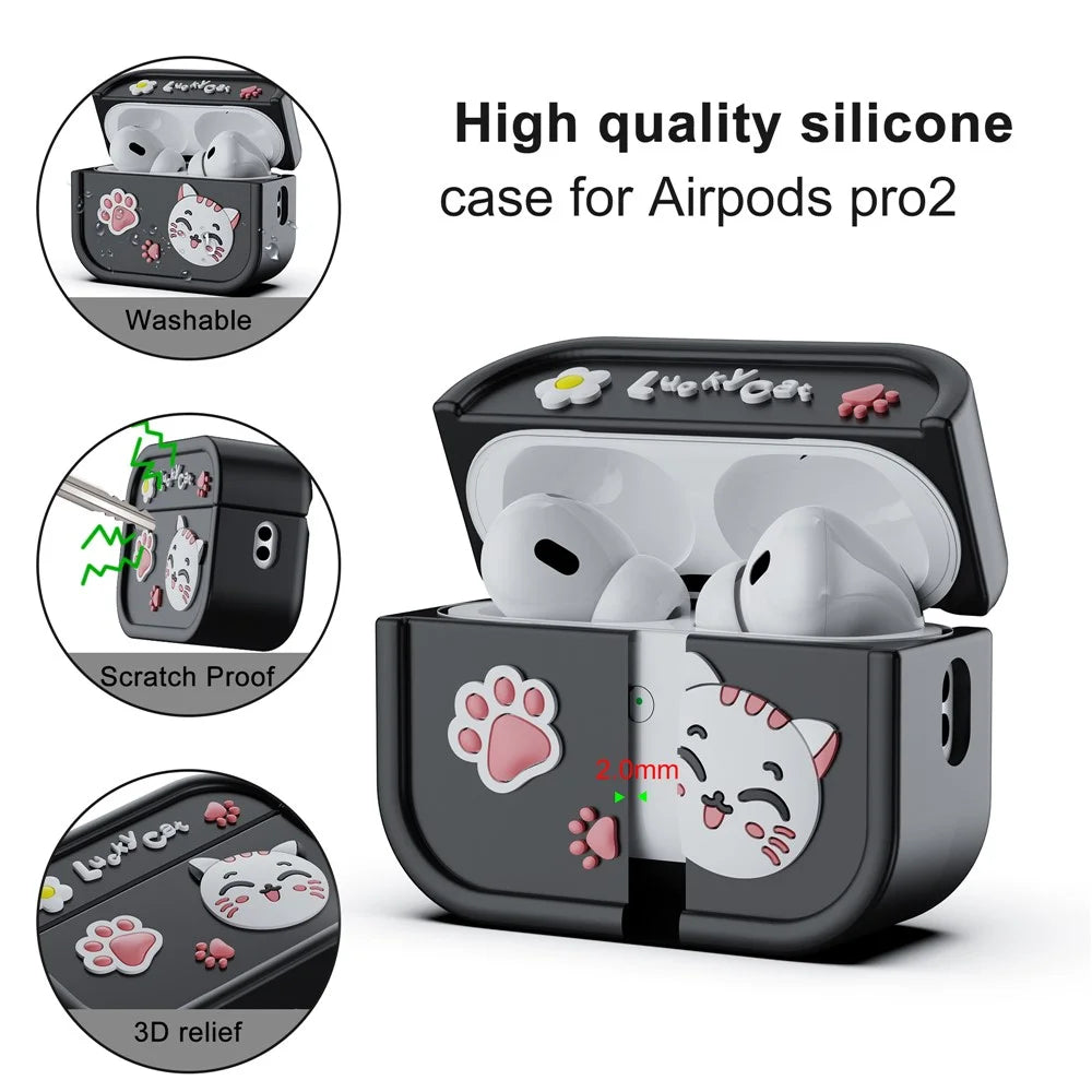 For AirPods Pro 2 Case 3D Cartoon Animals Funny Silicone Earbuds Cover with Carabiner - Black - 4