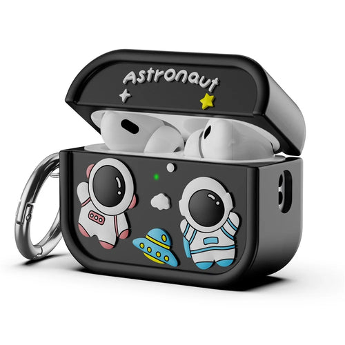 For AirPods Pro 2 Case Cute Astronaut Design Silicone Earphone Cover with Carabiner - Black - 1