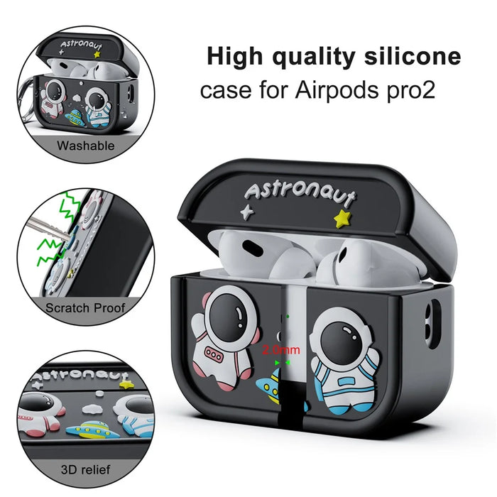 For AirPods Pro 2 Case Cute Astronaut Design Silicone Earphone Cover with Carabiner - Black - 4