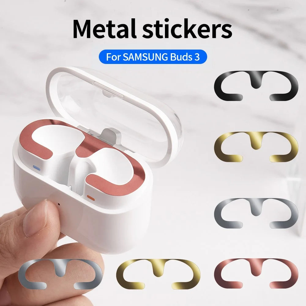 For Samsung Galaxy Buds3 Charging Case Bluetooth-compatible Earbuds Metal Sticker Anti-Dust Protective Decals - Rose Gold - 6