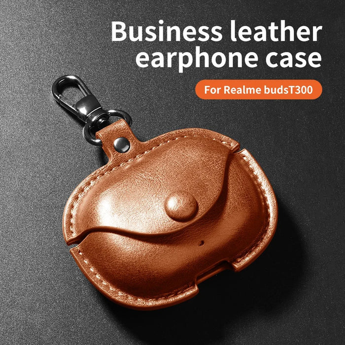 For Realme Buds T300 Charging Case Cover Leather+PC Earbuds Protective Case - Dark Brown - 6
