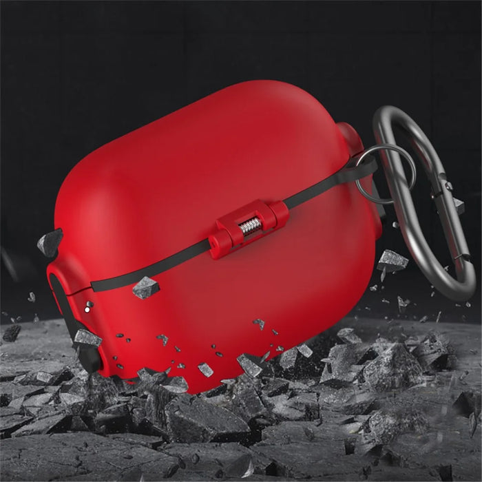 For AirPods Pro 2 Case Secure Dual-Lock Protective Silicone Cover with Carabiner - Red - 7