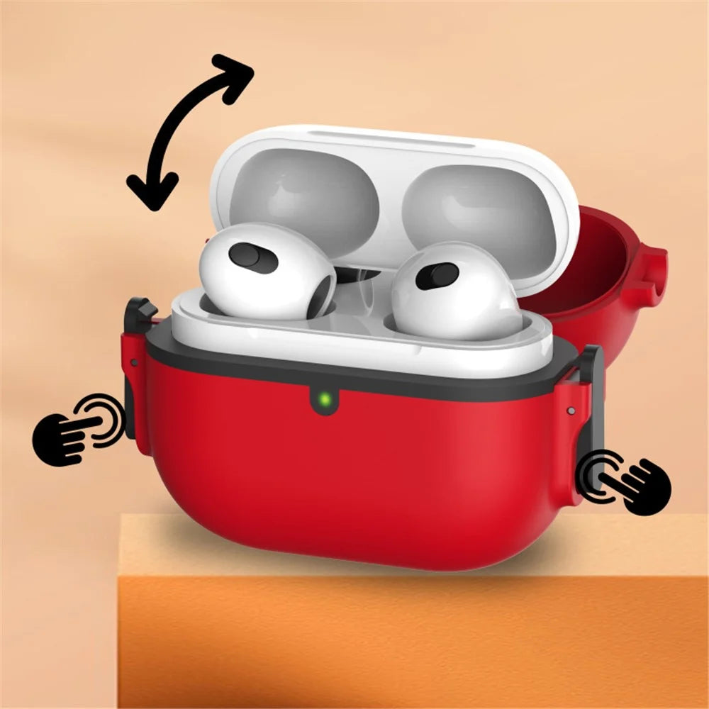 For Apple AirPods Pro Case Secure Dual-Lock Protective Silicone Cover with Carabiner - Red - 6