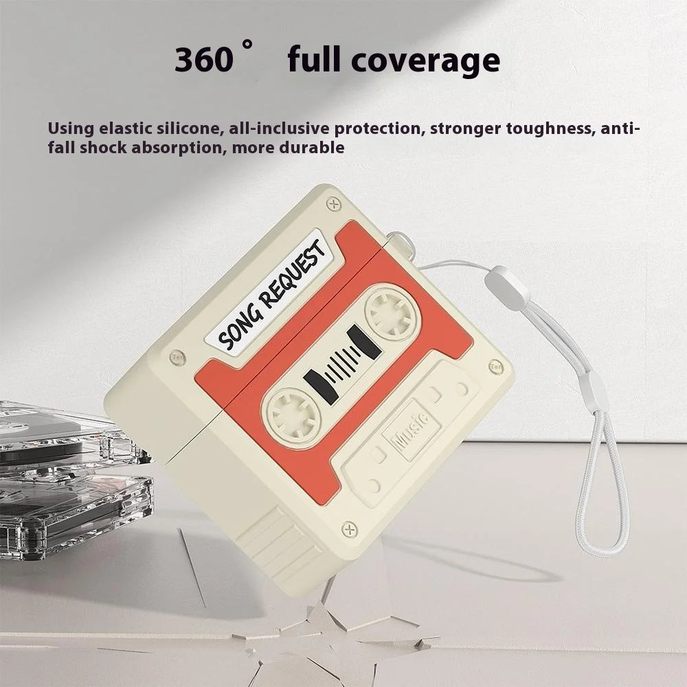 For AirPods 4 Case Cassette Tape Design Portable Liquid Silicone Earbuds Cover with Strap - Orange - 3