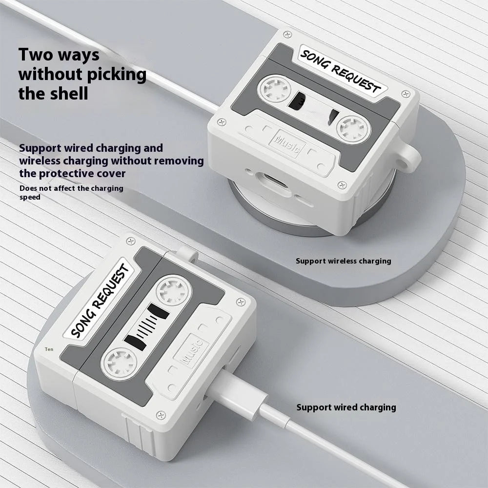 For AirPods 4 Case Cassette Tape Design Portable Liquid Silicone Earbuds Cover with Strap - Orange - 4