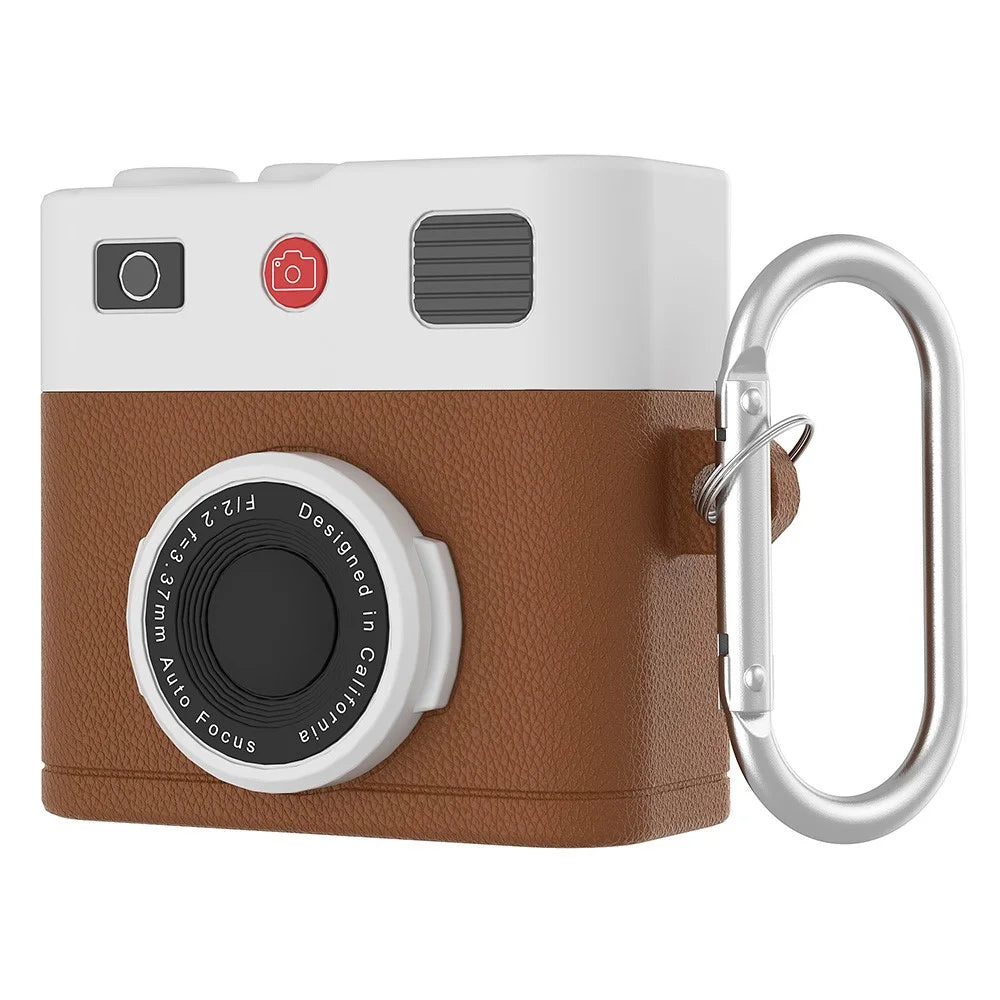 For AirPods 4 Case Retro Camera Design Liquid Silicone Earbuds Carrying Cover with Carabiner - Brown - 1