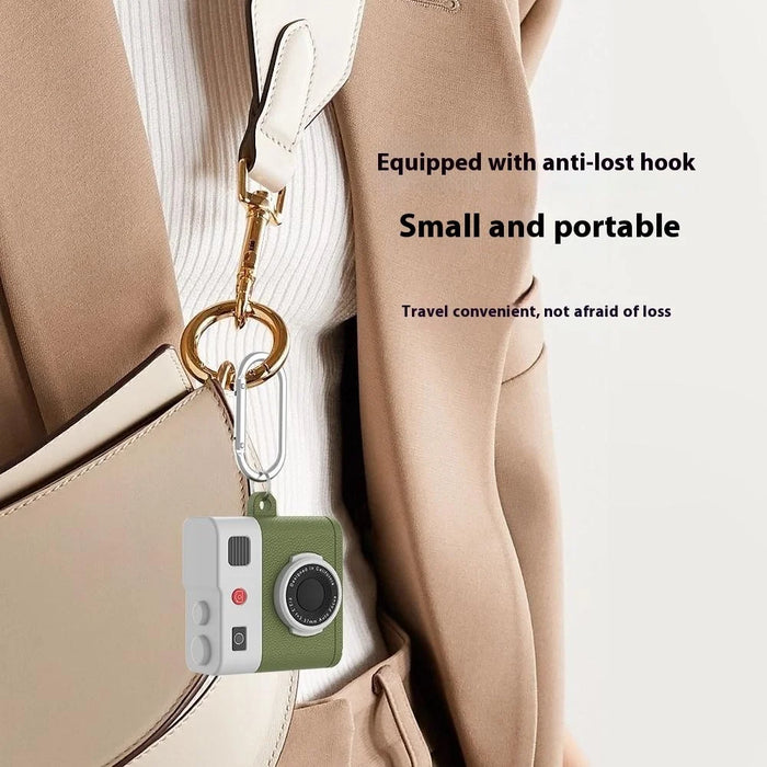 For AirPods 4 Case Retro Camera Design Liquid Silicone Earbuds Carrying Cover with Carabiner - Brown - 6