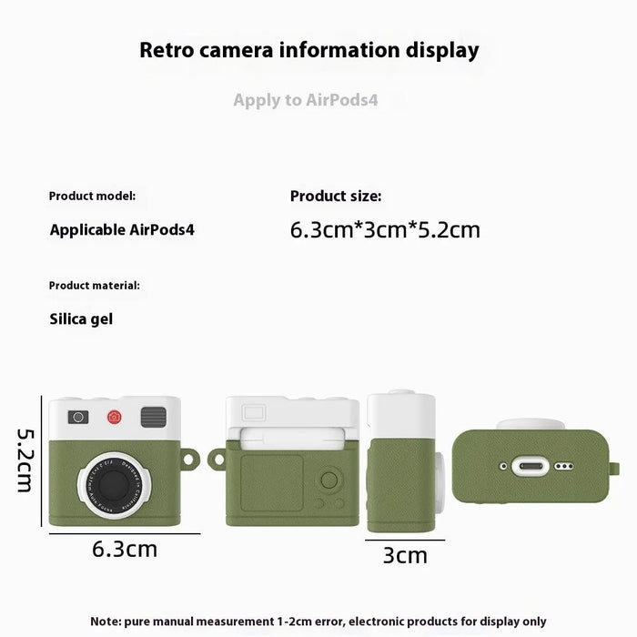For AirPods 4 Case Retro Camera Design Liquid Silicone Earbuds Carrying Cover with Carabiner - Brown - 7
