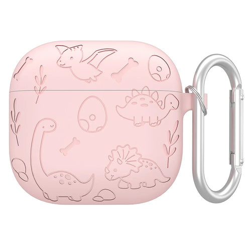 For AirPods 4 Case Unique Dinosaur Design Liquid Silicone Earphone Cover with Carabiner - Light Pink - 1