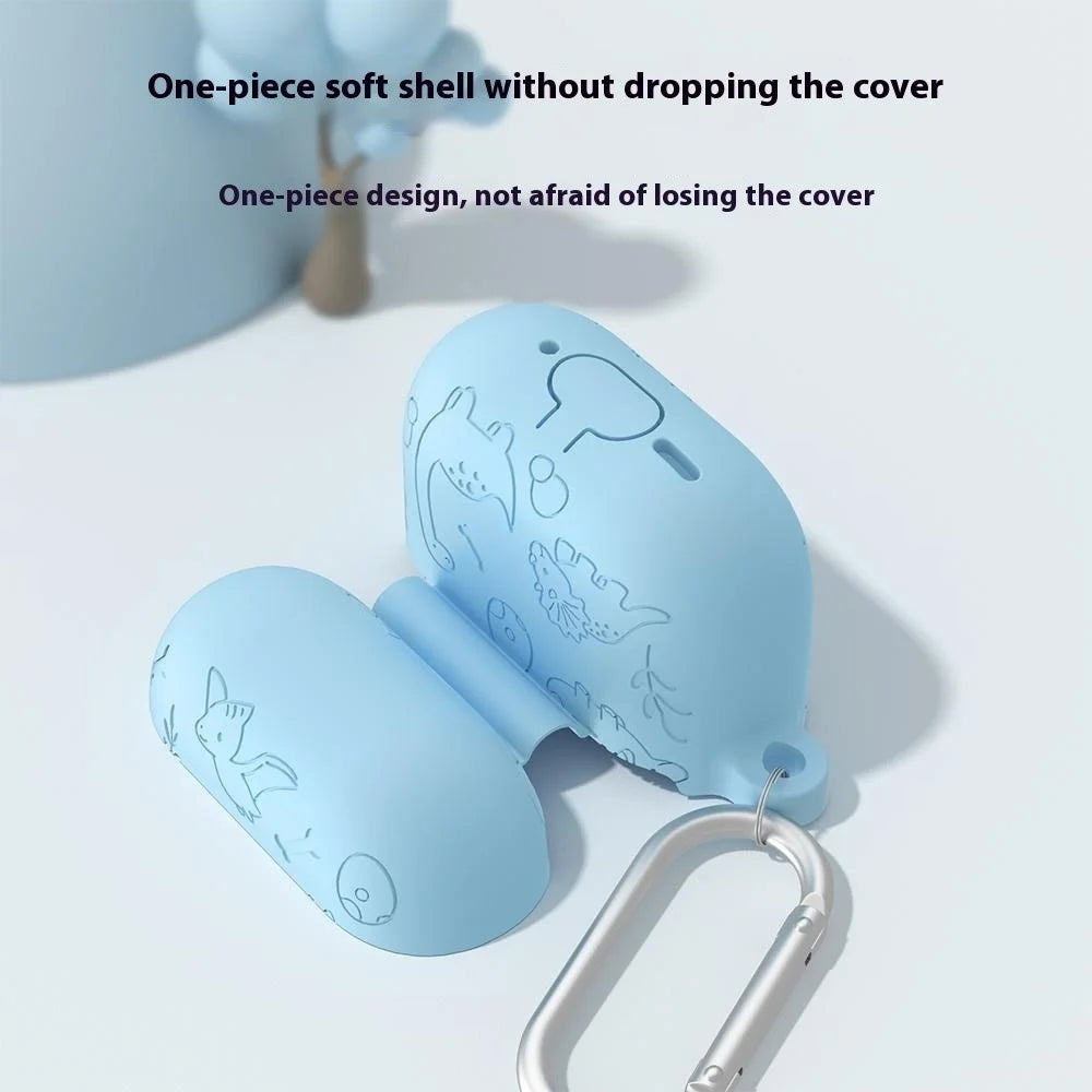 For AirPods 4 Case Unique Dinosaur Design Liquid Silicone Earphone Cover with Carabiner - Light Pink - 4