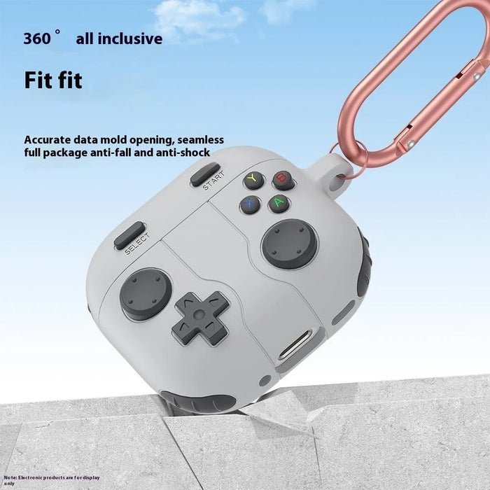 For AirPods 4 Case Game Console Shape Earphones Silicone Shell with Carabiner - Rock Grey - 2
