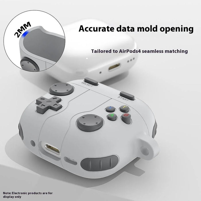 For AirPods 4 Case Game Console Shape Earphones Silicone Shell with Carabiner - Rock Grey - 5