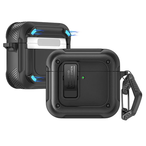 For AirPods 4 Earbuds Case PC+TPU Shockproof Full Body Protective Magnetic Cover with Carabiner - Black - 1