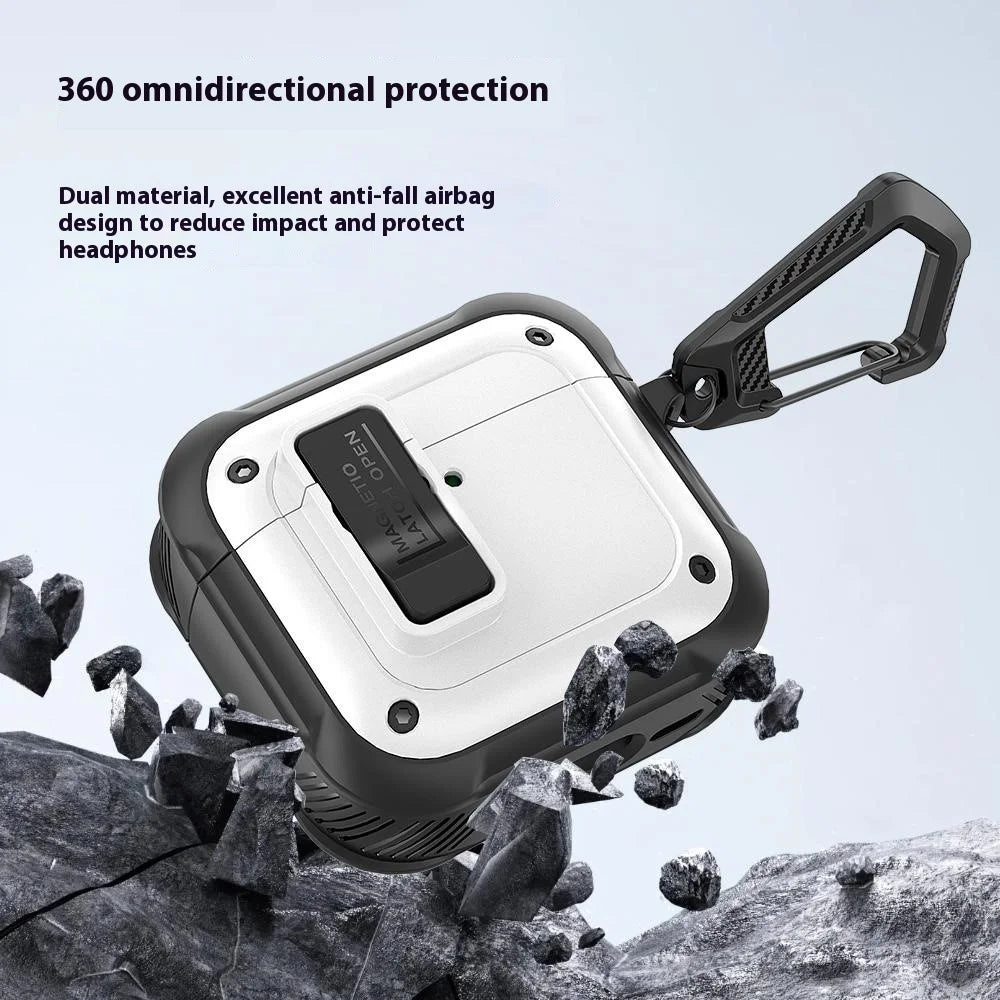 For AirPods 4 Earbuds Case PC+TPU Shockproof Full Body Protective Magnetic Cover with Carabiner - Black - 2