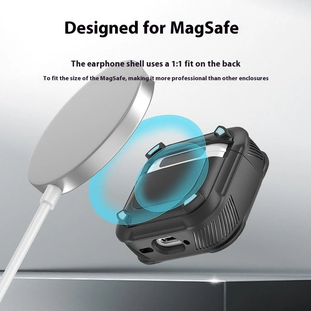 For AirPods 4 Earbuds Case PC+TPU Shockproof Full Body Protective Magnetic Cover with Carabiner - Black - 3