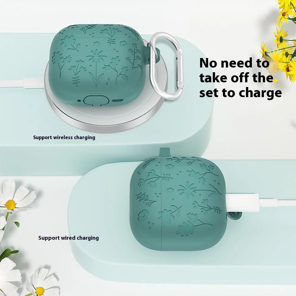 For AirPods 4 Case Floral Pattern Liquid Silicone Earphone Cover with Carabiner - Matcha Green - 6