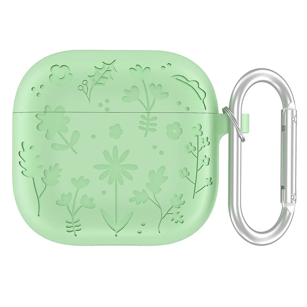 For Apple AirPods 3 Case Floral Pattern Liquid Silicone Earphone Cover with Carabiner - Matcha Green - 1