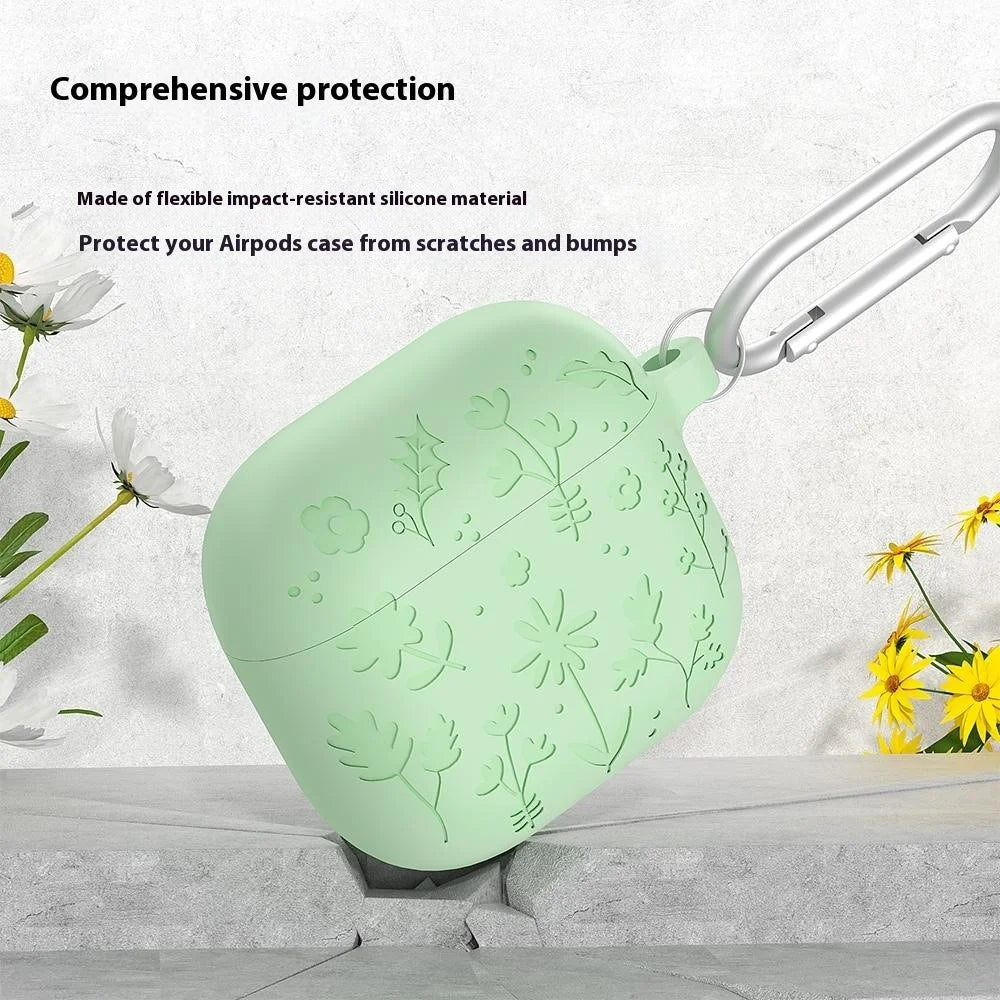 For Apple AirPods 3 Case Floral Pattern Liquid Silicone Earphone Cover with Carabiner - Matcha Green - 2