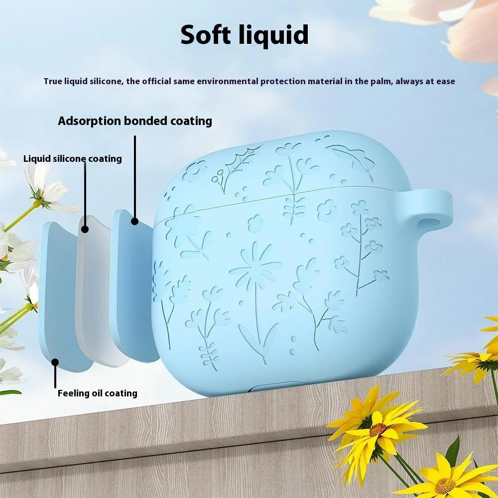 For Apple AirPods 3 Case Floral Pattern Liquid Silicone Earphone Cover with Carabiner - Matcha Green - 4