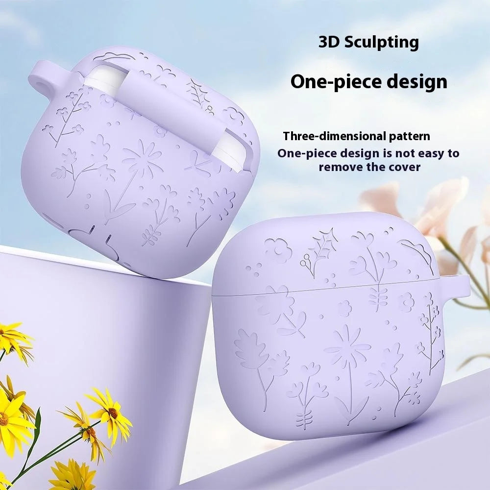 For Apple AirPods 3 Case Floral Pattern Liquid Silicone Earphone Cover with Carabiner - Matcha Green - 5
