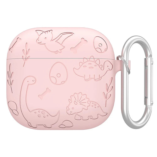 For Apple AirPods 3 Case Unique Dinosaur Design Liquid Silicone Earphone Cover with Carabiner - Light Pink - 1