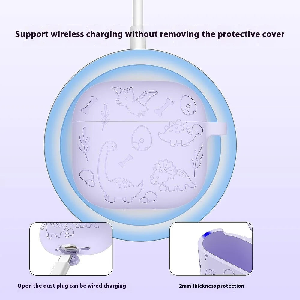 For Apple AirPods 3 Case Unique Dinosaur Design Liquid Silicone Earphone Cover with Carabiner - Light Pink - 3