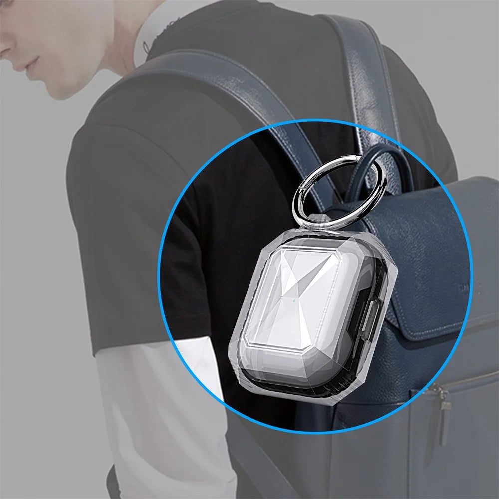 AHASTYLE For AirPods 4 Case Contrast Color TPU Earphone Protective Cover with Carabiner - Transparent+Black - 4