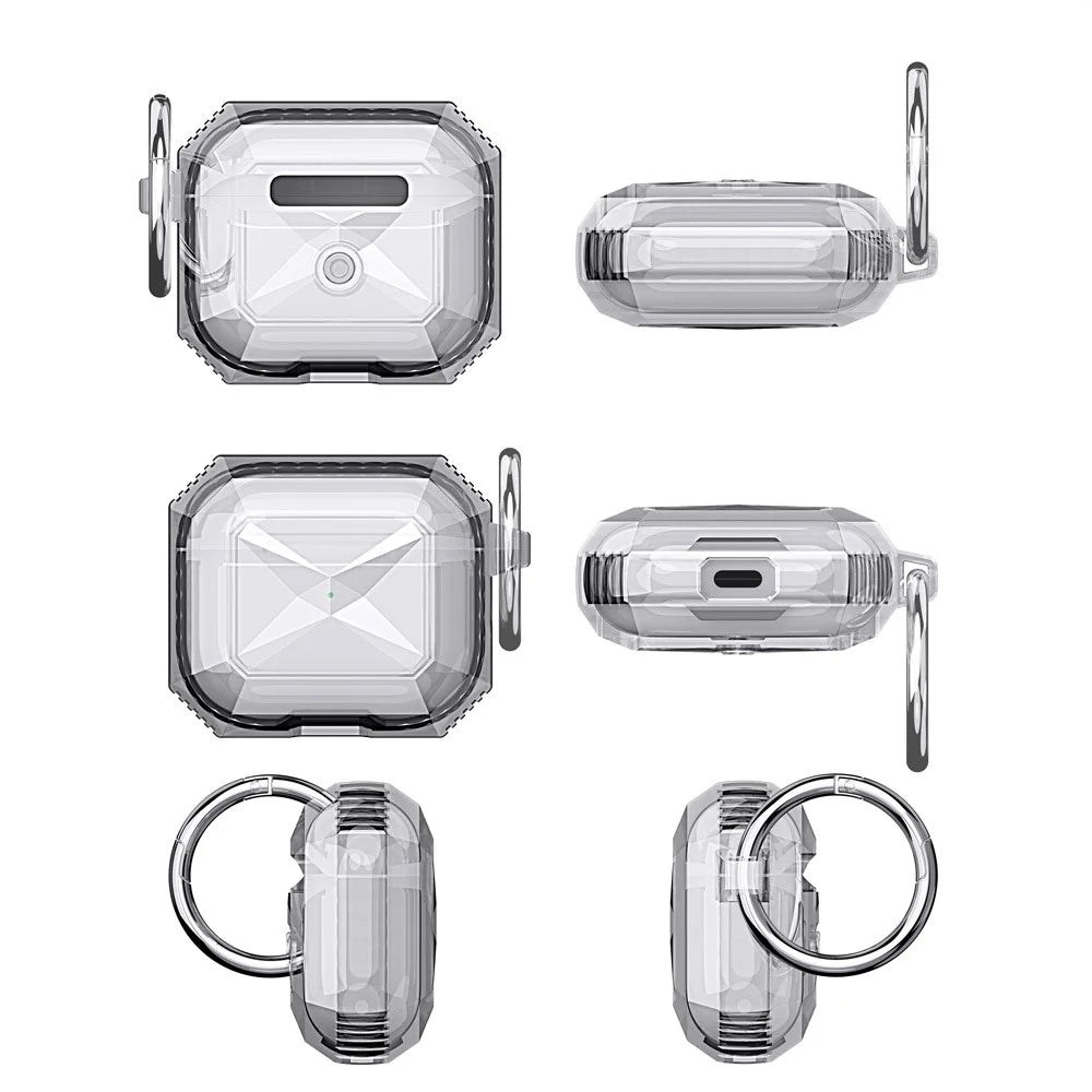 AHASTYLE For AirPods 4 Case Contrast Color TPU Earphone Protective Cover with Carabiner - Transparent+Black - 7