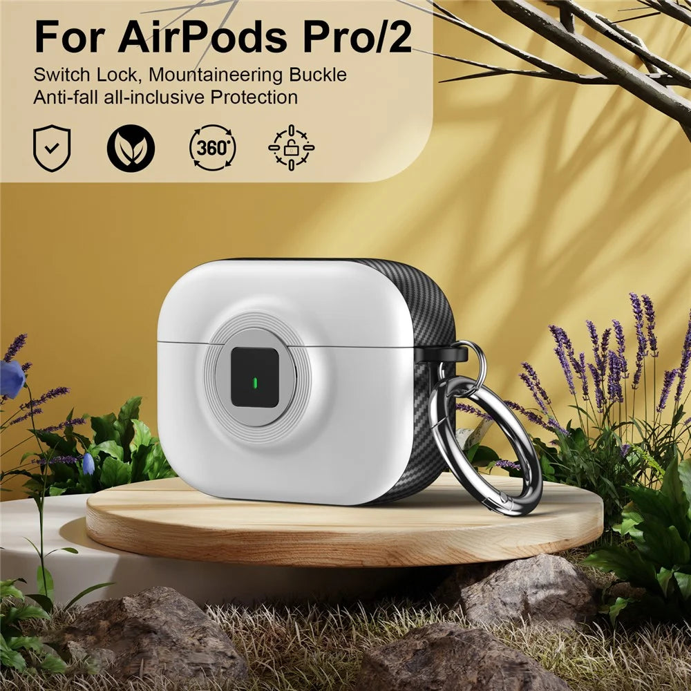 For Apple AirPods Pro 2 Case PC+TPU Flip Earphone Cover with Carabiner and Switch Lock - White - 2