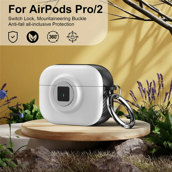 For Apple AirPods Pro 2 Case PC+TPU Flip Earphone Cover with Carabiner and Switch Lock - White - 2
