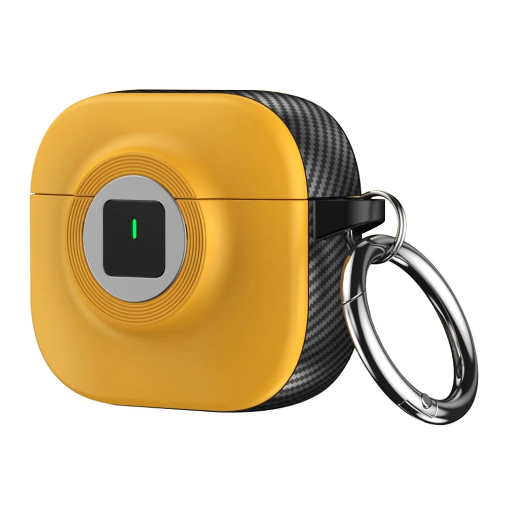 For Apple AirPods 4 Case PC+TPU Flip Earphone Cover with Carabiner and Switch Lock - Yellow - 1